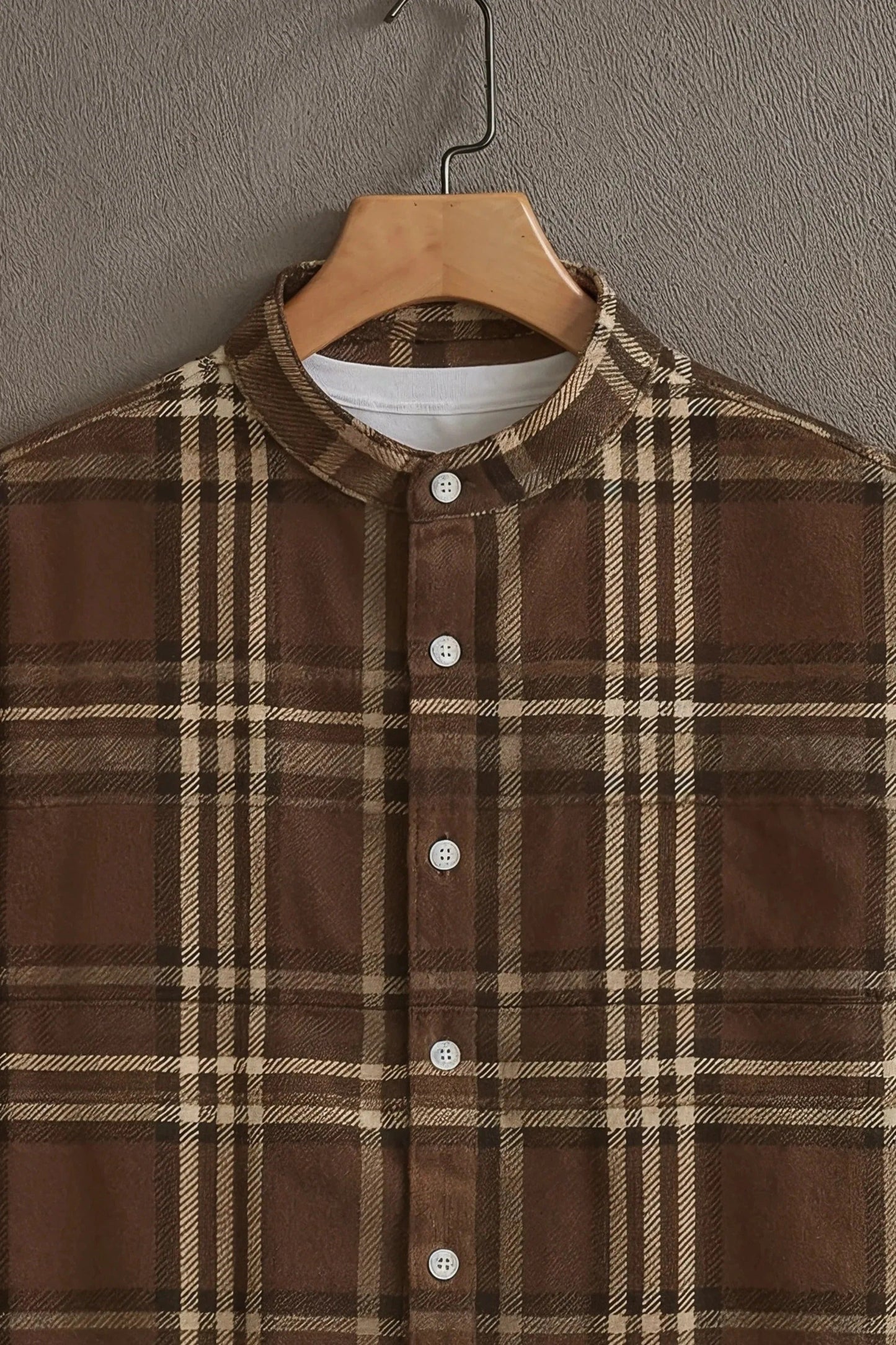 Men's Brown Plaid Check Cotton Shirt – Mandarin Collar Short Sleeve Casual Wear