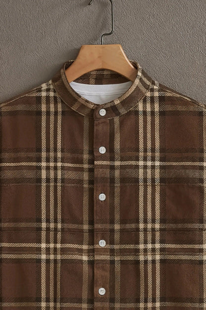Men's Brown Plaid Check Cotton Shirt – Mandarin Collar Short Sleeve Casual Wear