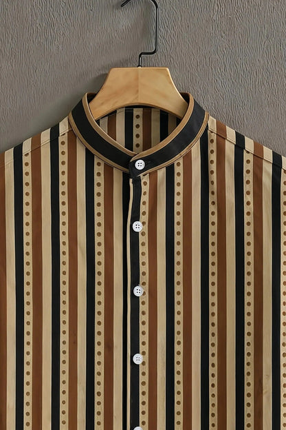 Men's Vintage Stripe Print Cotton Shirt – Mandarin Collar Short Sleeve Casual Wear