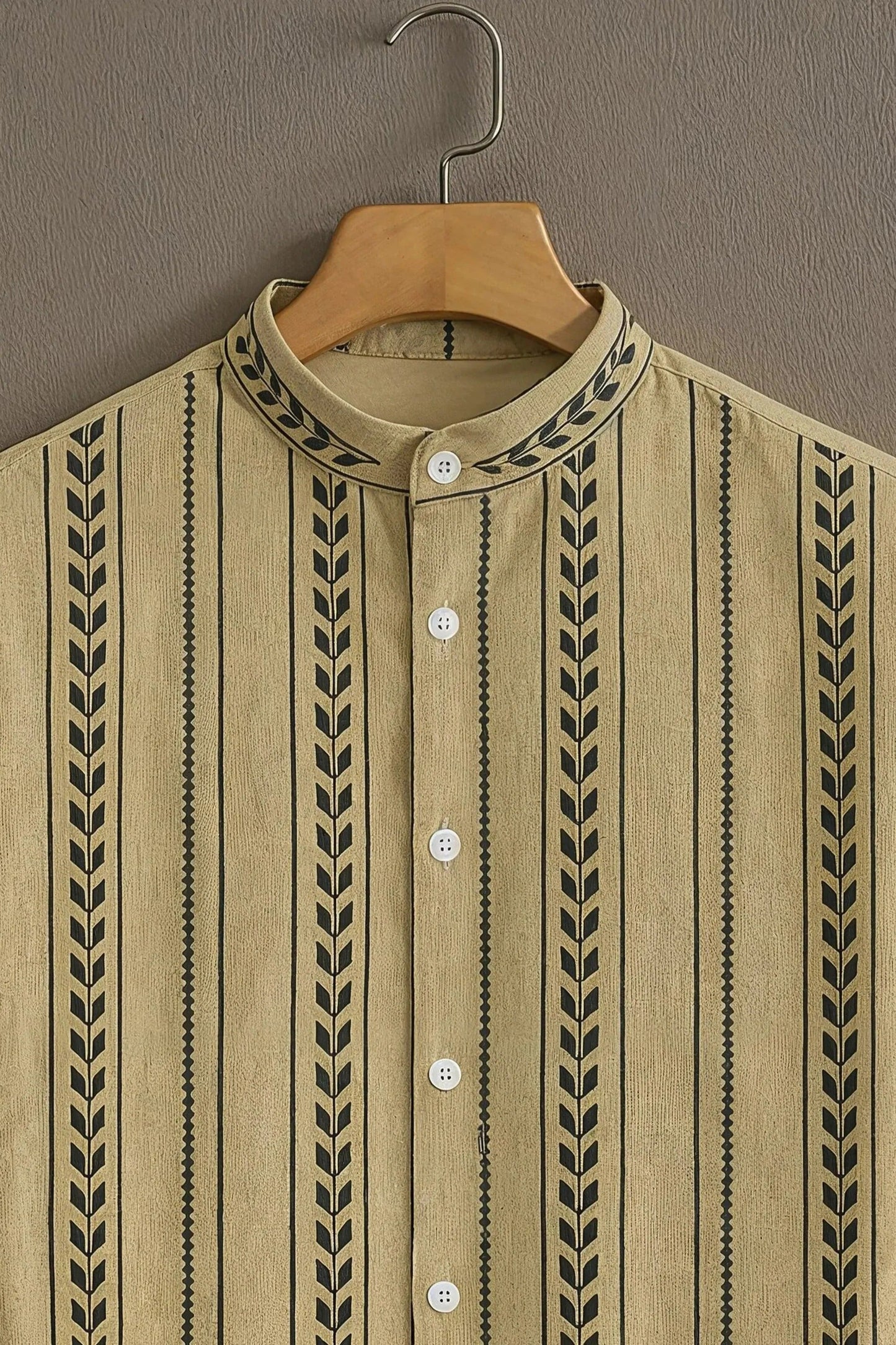 Men's Tribal Stripe Print Cotton Shirt – Mandarin Collar Short Sleeve Casual Wear