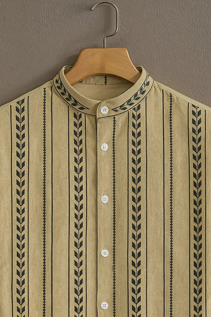Men's Tribal Stripe Print Cotton Shirt – Mandarin Collar Short Sleeve Casual Wear