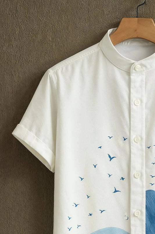 Men's Ocean Wave &amp; Feather Print Cotton Shirt – Mandarin Collar Short Sleeve Casual Wear