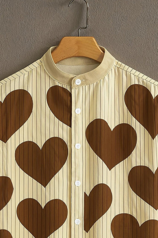 Men's Retro Heart Print Cotton Shirt – Mandarin Collar Short Sleeve Casual Wear