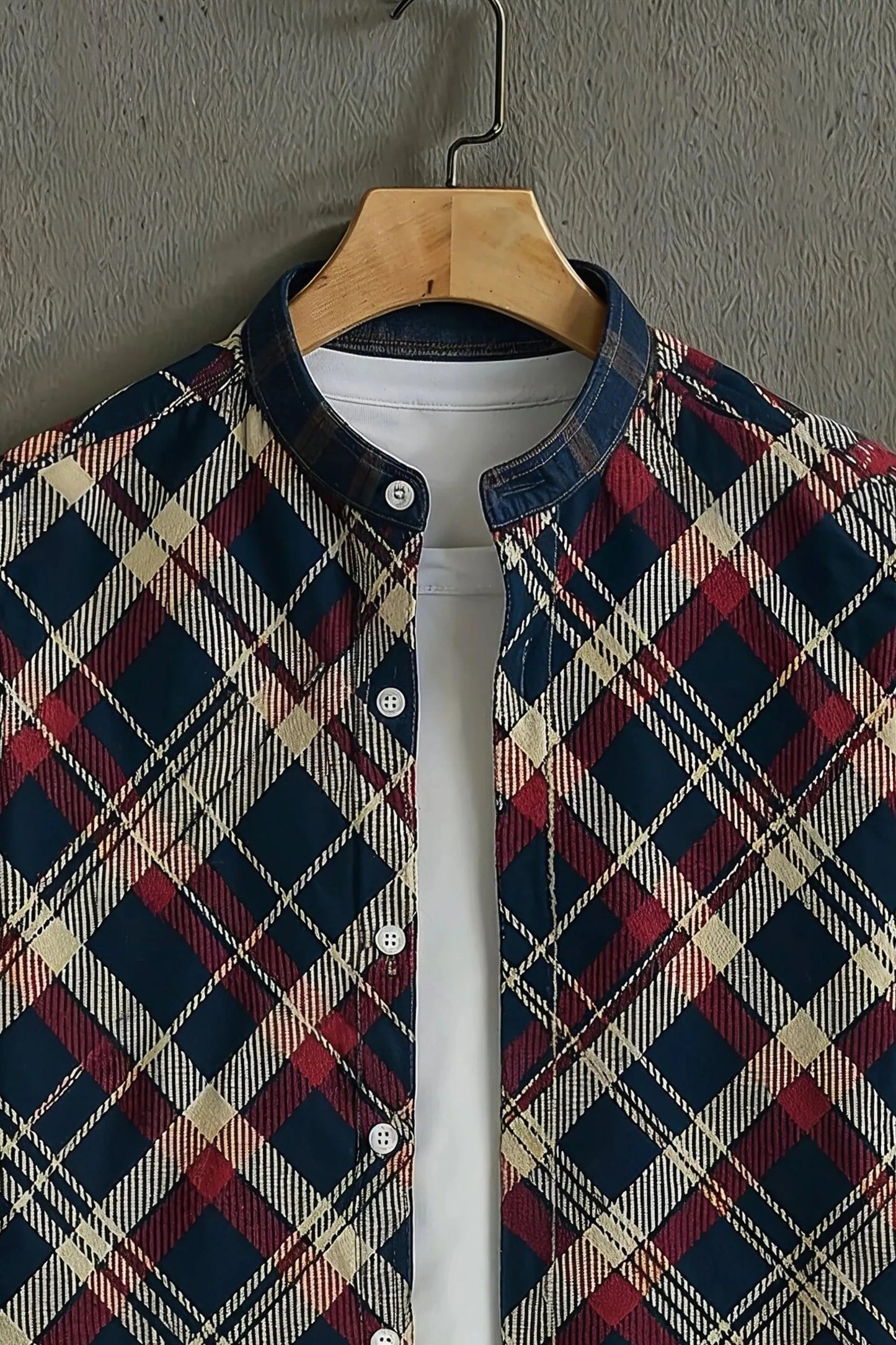 Men's Classic Plaid Check Print Cotton Shirt – Mandarin Collar Short Sleeve Casual Wear