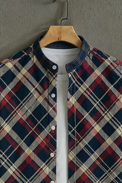 Men's Classic Plaid Check Print Cotton Shirt – Mandarin Collar Short Sleeve Casual Wear