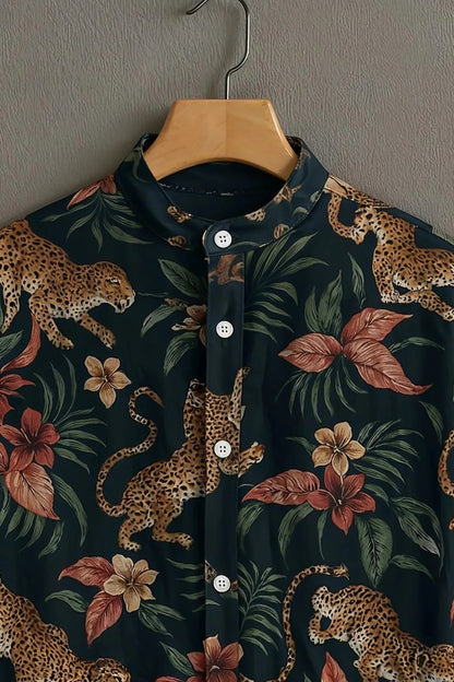 Men's Tropical Leopard Floral Print Cotton Shirt – Mandarin Collar Short Sleeve Casual Wear