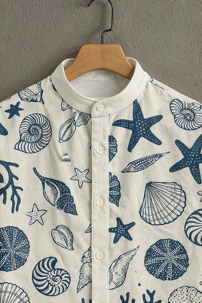 Men's Coastal Seashell Print Cotton Shirt – Mandarin Collar Short Sleeve Casual Wear