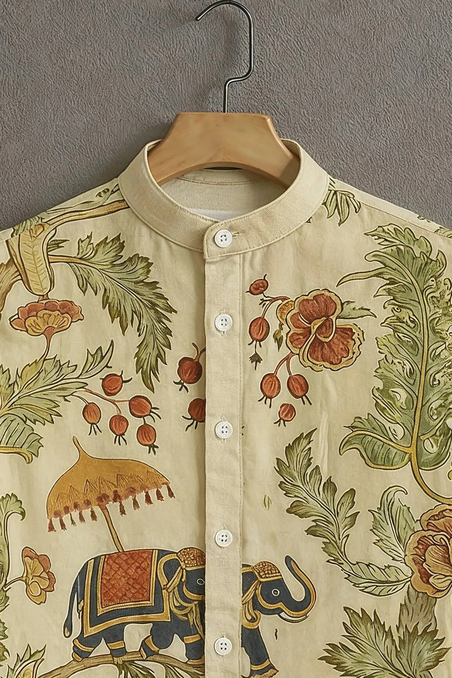 Men's Heritage Elephant Print Cotton Shirt – Mandarin Collar Short Sleeve Casual Wear