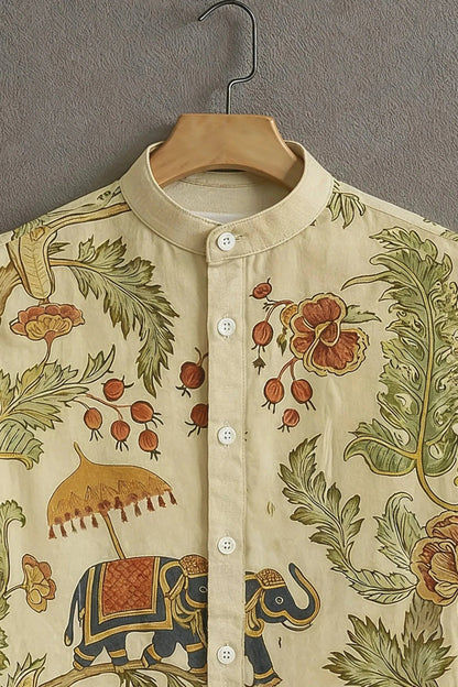 Men's Heritage Elephant Print Cotton Shirt – Mandarin Collar Short Sleeve Casual Wear