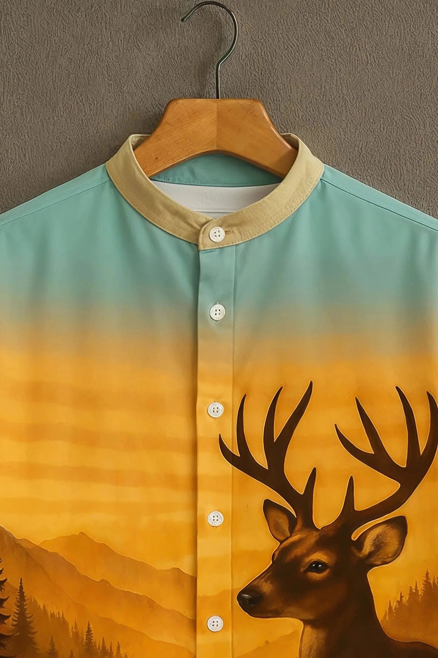 Men's Majestic Deer Wilderness Print Cotton Shirt – Mandarin Collar Short Sleeve Casual Wear