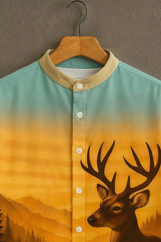 Men's Majestic Deer Wilderness Print Cotton Shirt – Mandarin Collar Short Sleeve Casual Wear