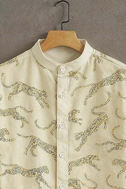 Men's Wild Leopard Print Cotton Shirt – Mandarin Collar Short Sleeve Casual Wear