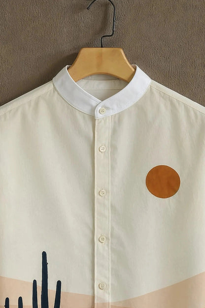 Men's Desert Sunset Cactus Print Cotton Shirt – Mandarin Collar Short Sleeve Casual Wear