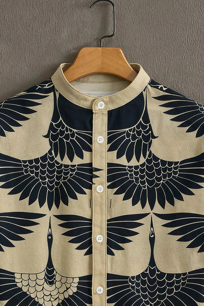 Men's Elegant Crane Bird Print Cotton Shirt – Mandarin Collar Short Sleeve Casual Wear