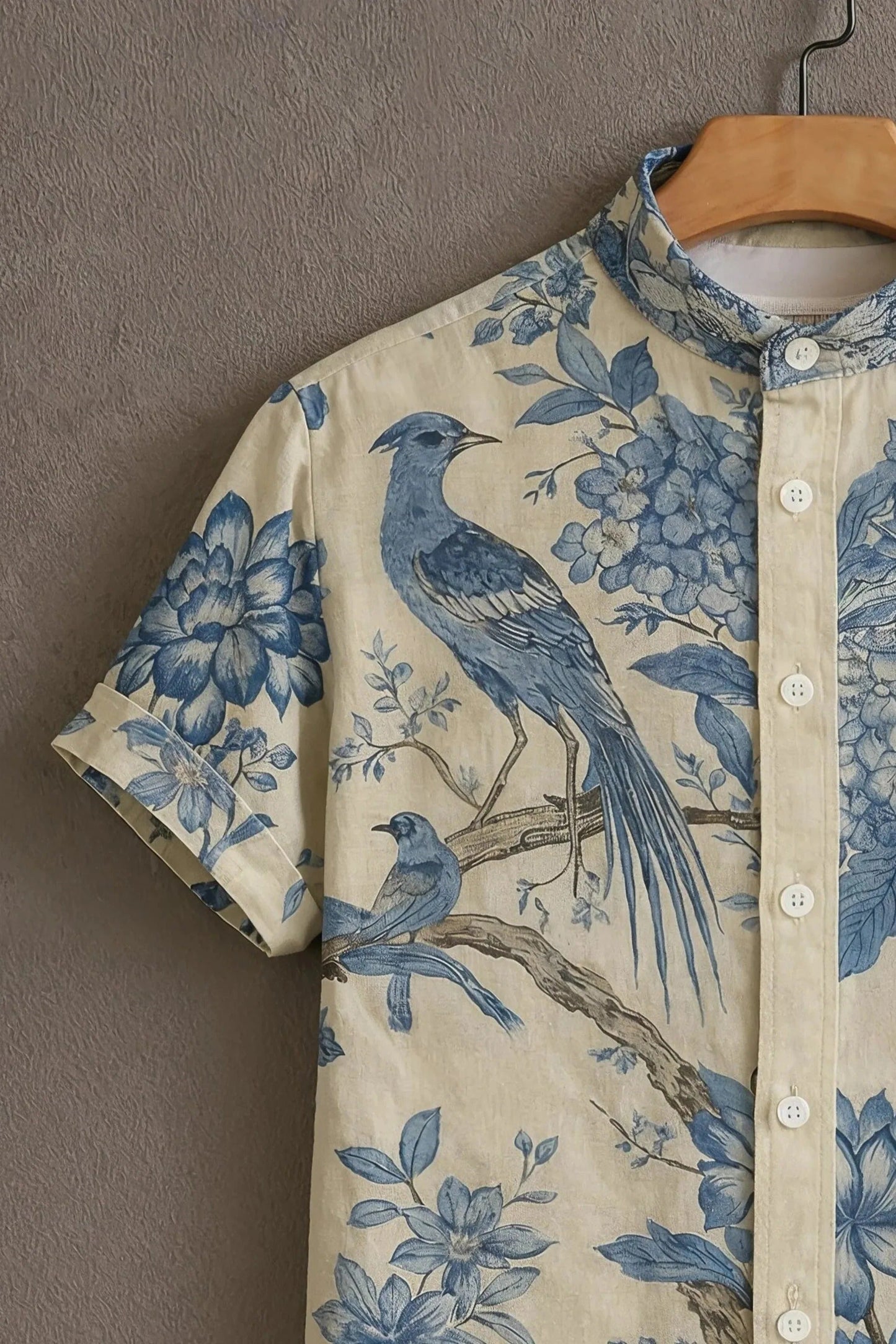 Men's Vintage Bluebird Floral Print Cotton Shirt – Mandarin Collar Short Sleeve Casual Wear