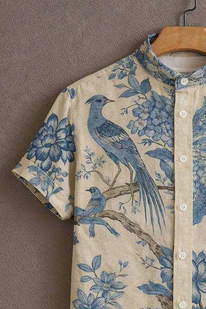 Men's Vintage Bluebird Floral Print Cotton Shirt – Mandarin Collar Short Sleeve Casual Wear