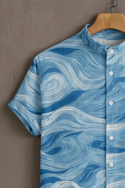 Men's Ocean Wave Print Cotton Shirt – Mandarin Collar Short Sleeve Casual Wear