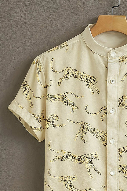 Men's Wild Leopard Print Cotton Shirt – Mandarin Collar Short Sleeve Casual Wear