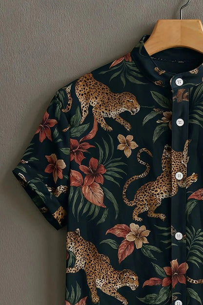 Men's Tropical Leopard Floral Print Cotton Shirt – Mandarin Collar Short Sleeve Casual Wear