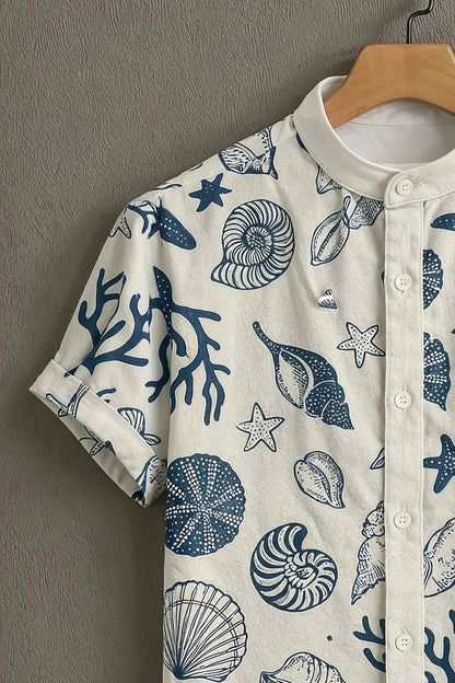Men's Coastal Seashell Print Cotton Shirt – Mandarin Collar Short Sleeve Casual Wear