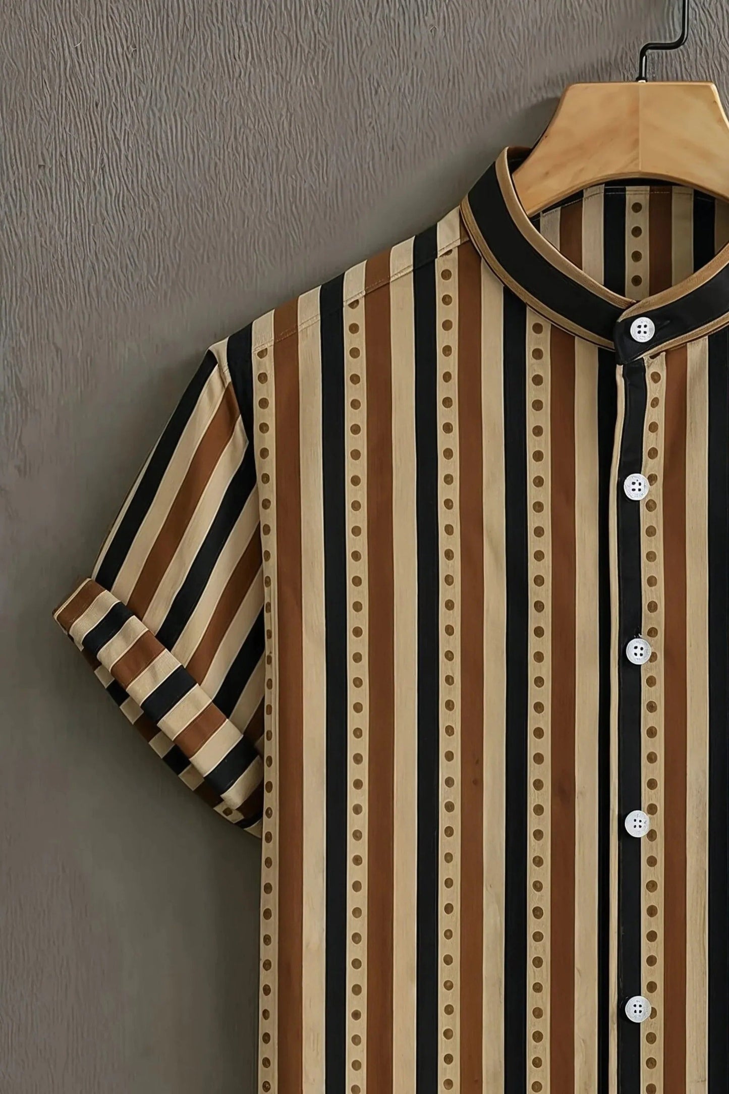 Men's Vintage Stripe Print Cotton Shirt – Mandarin Collar Short Sleeve Casual Wear