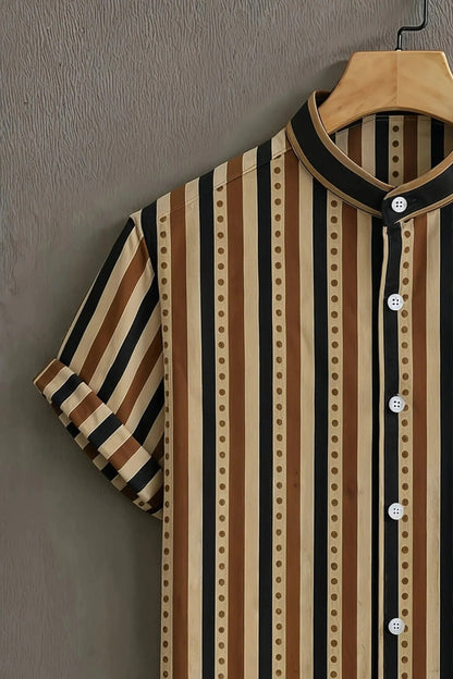 Men's Vintage Stripe Print Cotton Shirt – Mandarin Collar Short Sleeve Casual Wear