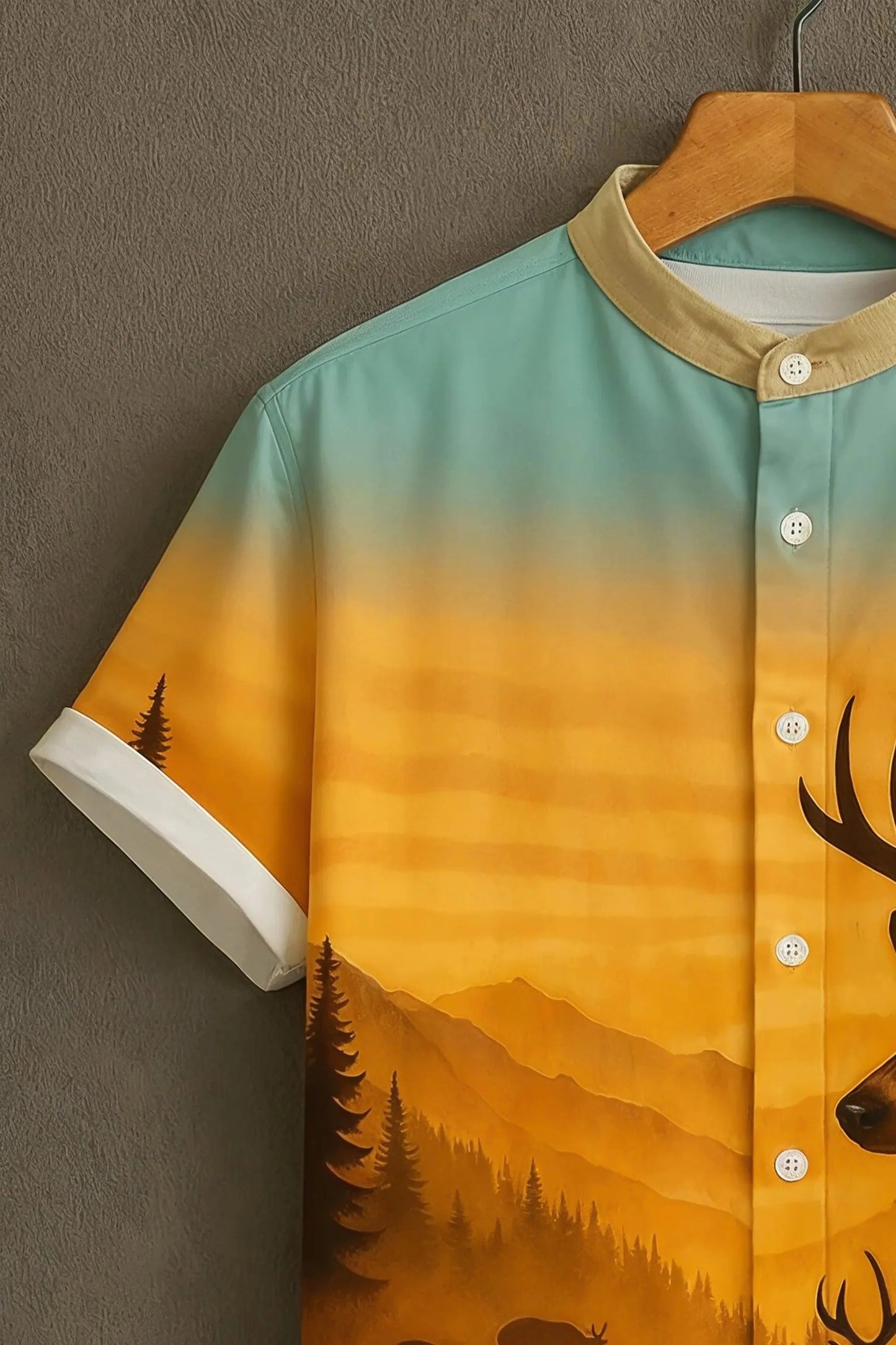 Men's Majestic Deer Wilderness Print Cotton Shirt – Mandarin Collar Short Sleeve Casual Wear