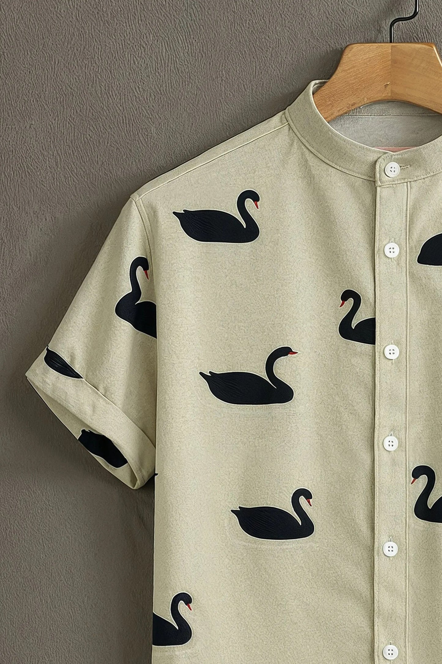 Men's Elegant Black Swan Print Cotton Shirt – Mandarin Collar Short Sleeve Casual Wear