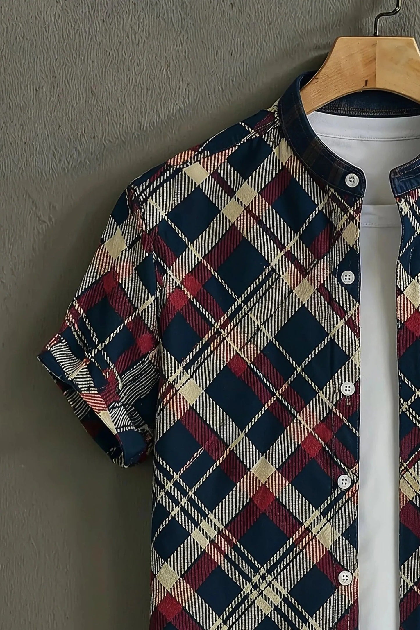 Men's Classic Plaid Check Print Cotton Shirt – Mandarin Collar Short Sleeve Casual Wear