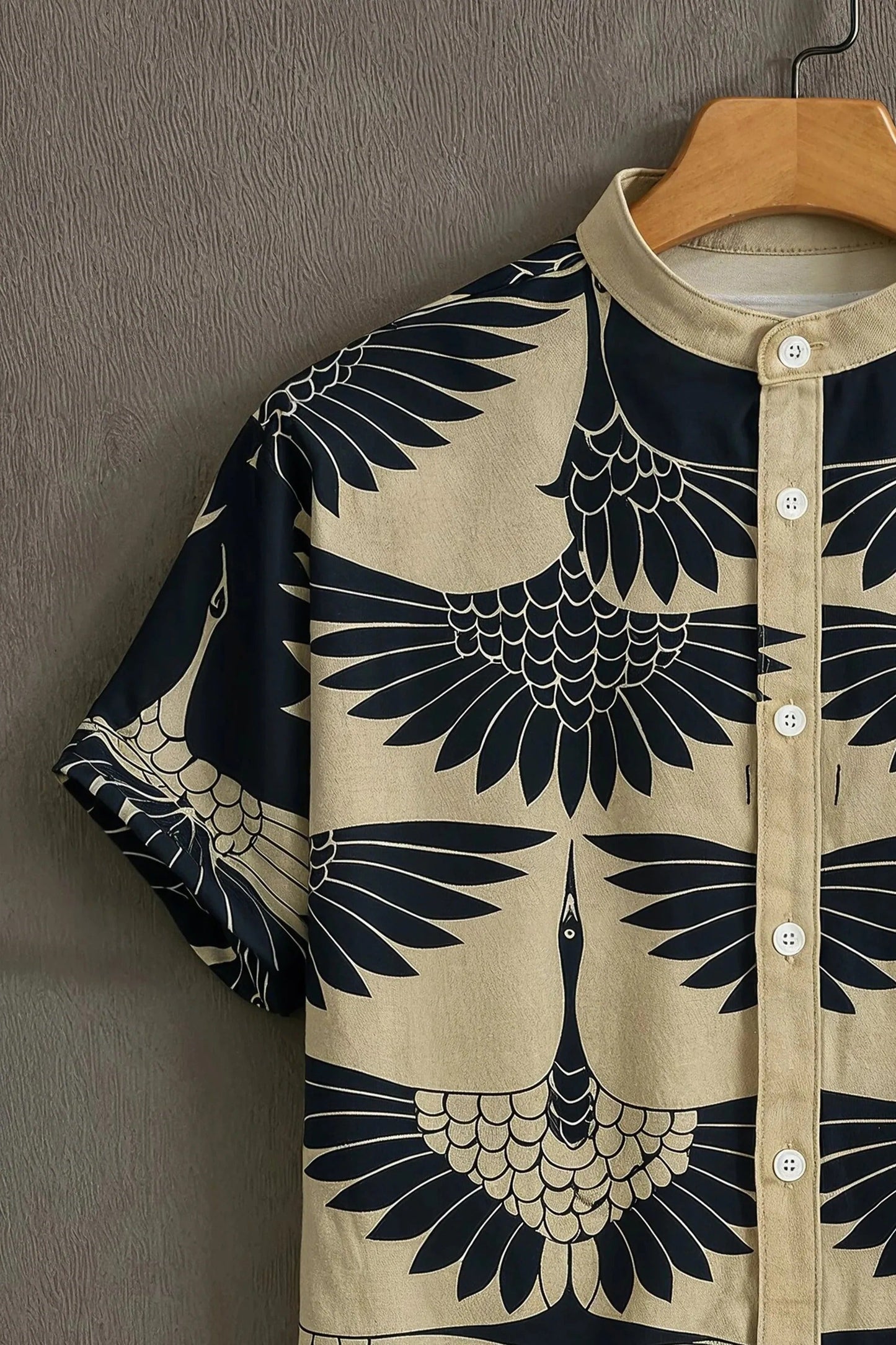 Men's Elegant Crane Bird Print Cotton Shirt – Mandarin Collar Short Sleeve Casual Wear