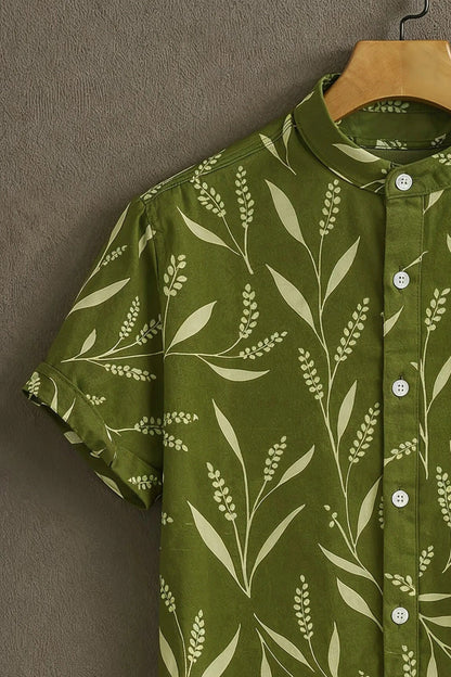 Men's Botanical Leaf Print Cotton Shirt – Mandarin Collar Short Sleeve Casual Wear