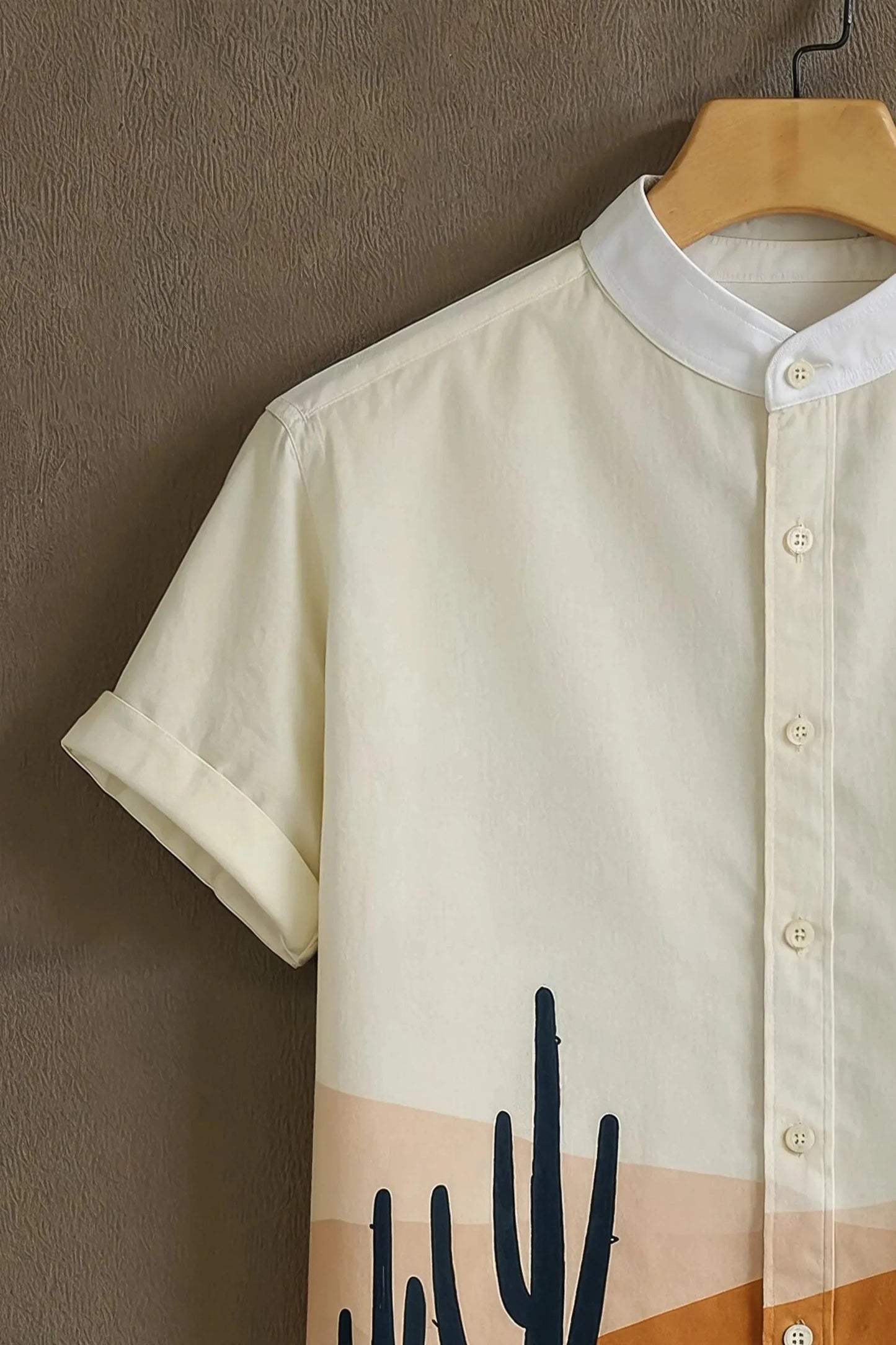 Men's Desert Sunset Cactus Print Cotton Shirt – Mandarin Collar Short Sleeve Casual Wear