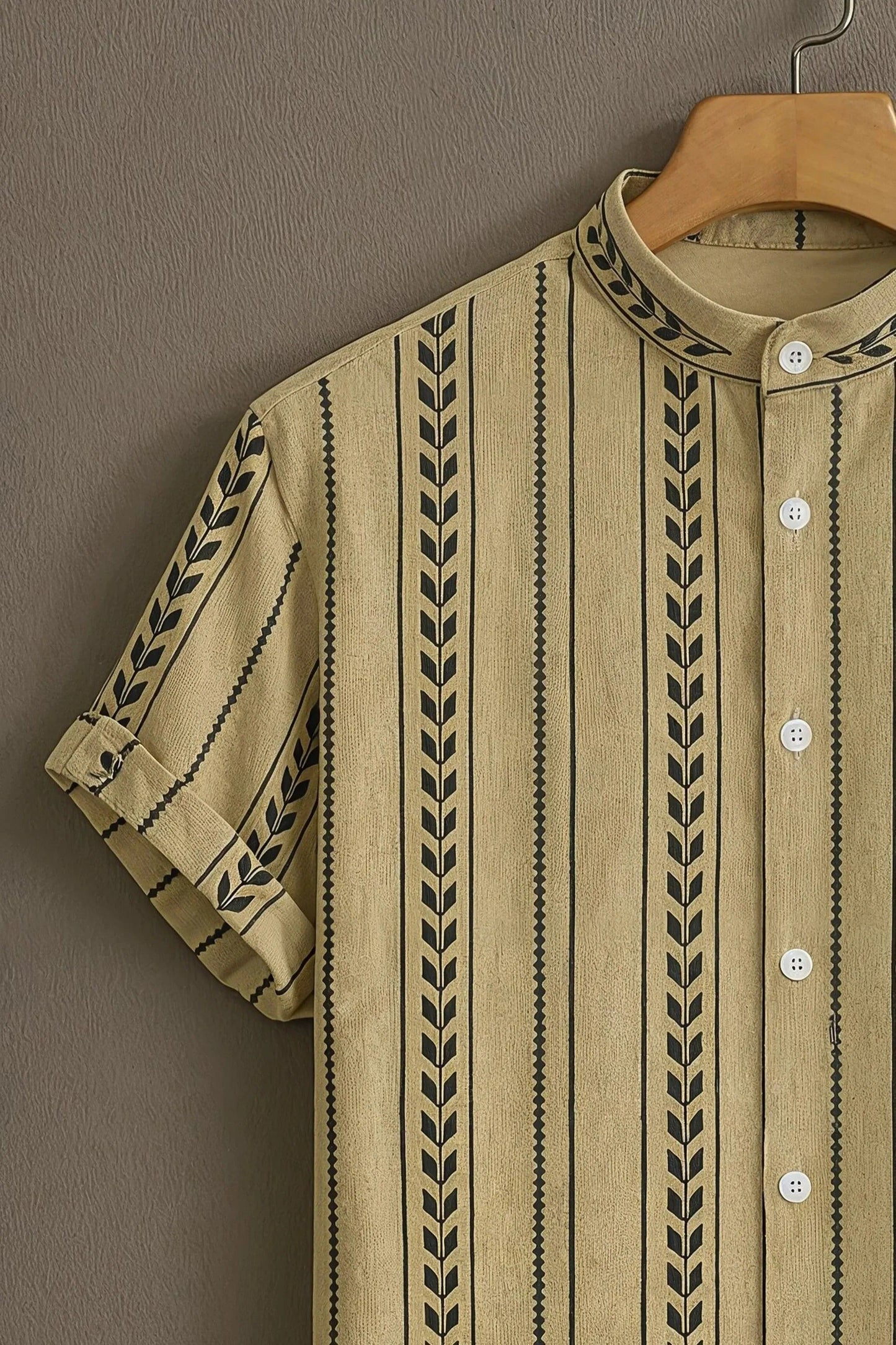 Men's Tribal Stripe Print Cotton Shirt – Mandarin Collar Short Sleeve Casual Wear
