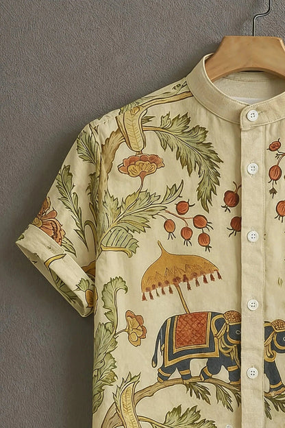 Men's Heritage Elephant Print Cotton Shirt – Mandarin Collar Short Sleeve Casual Wear