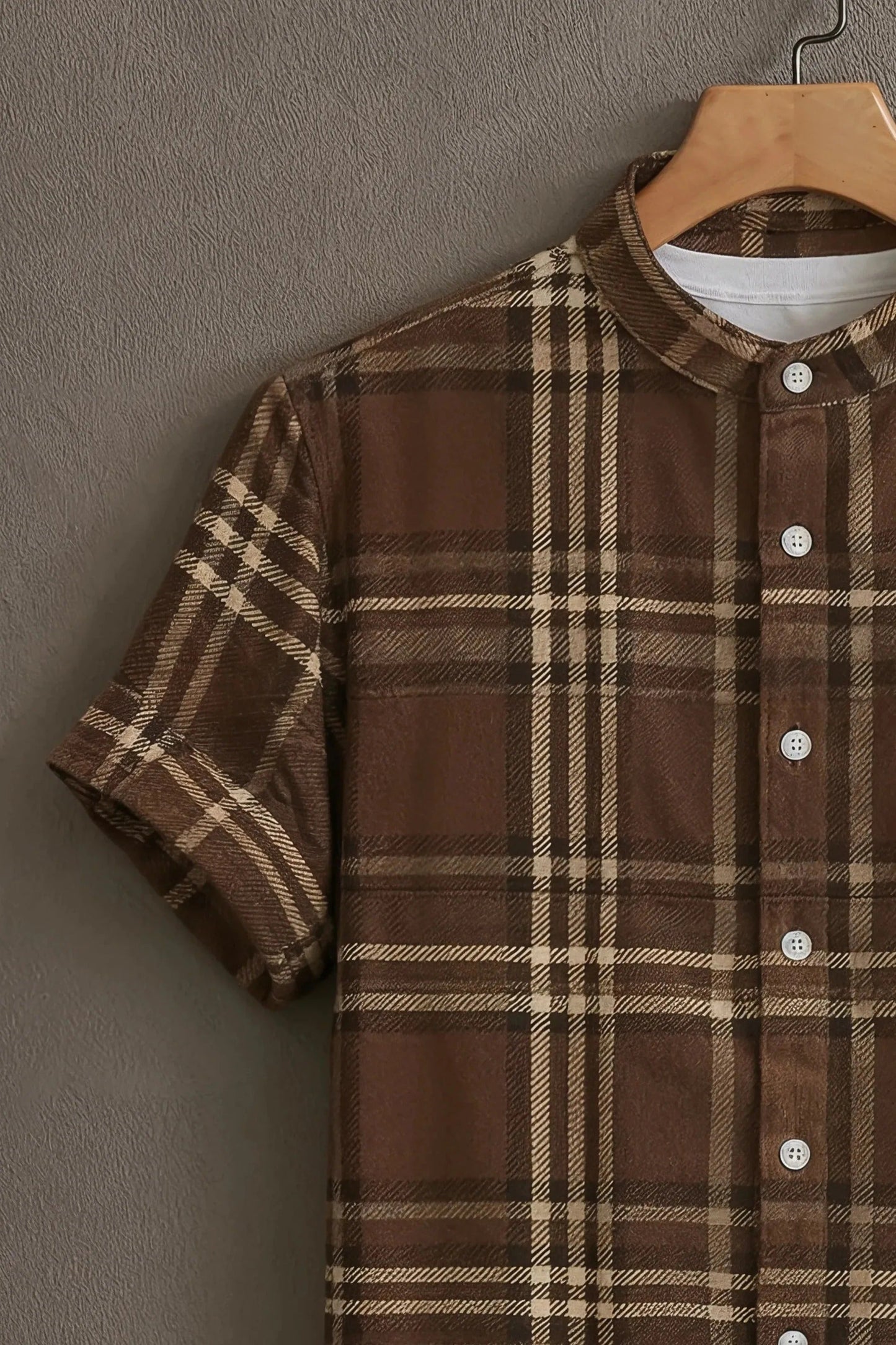 Men's Brown Plaid Check Cotton Shirt – Mandarin Collar Short Sleeve Casual Wear