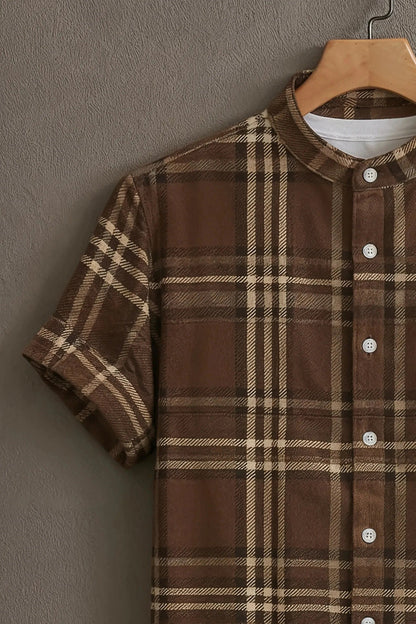 Men's Brown Plaid Check Cotton Shirt – Mandarin Collar Short Sleeve Casual Wear