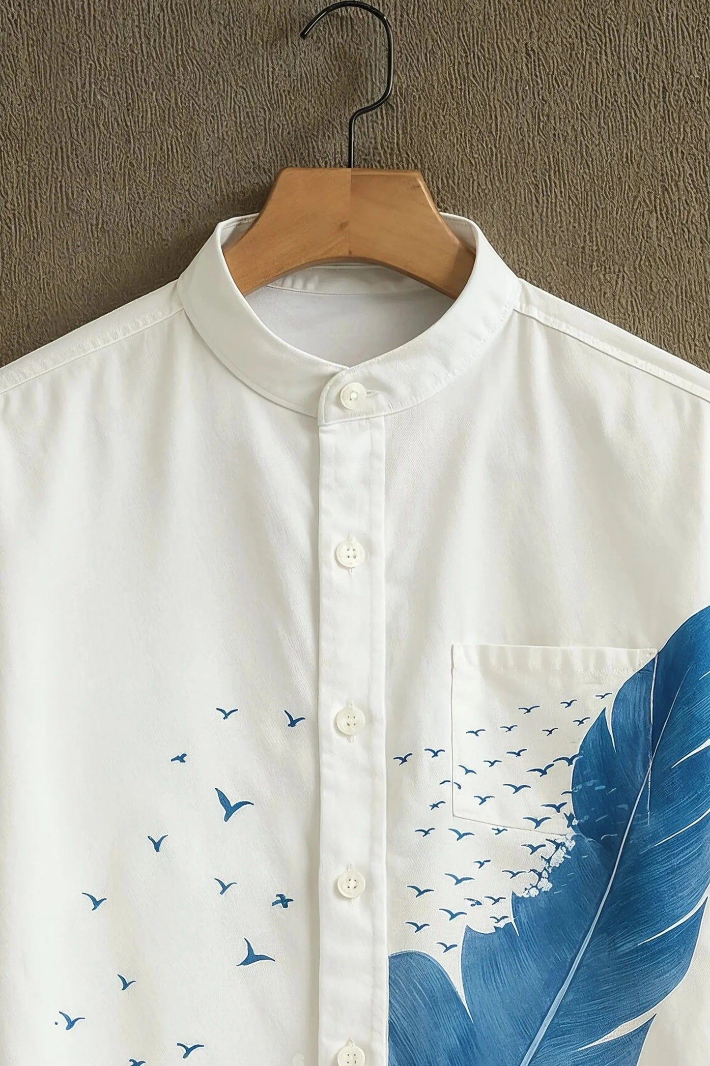 Men's Ocean Wave &amp; Feather Print Cotton Shirt – Mandarin Collar Short Sleeve Casual Wear