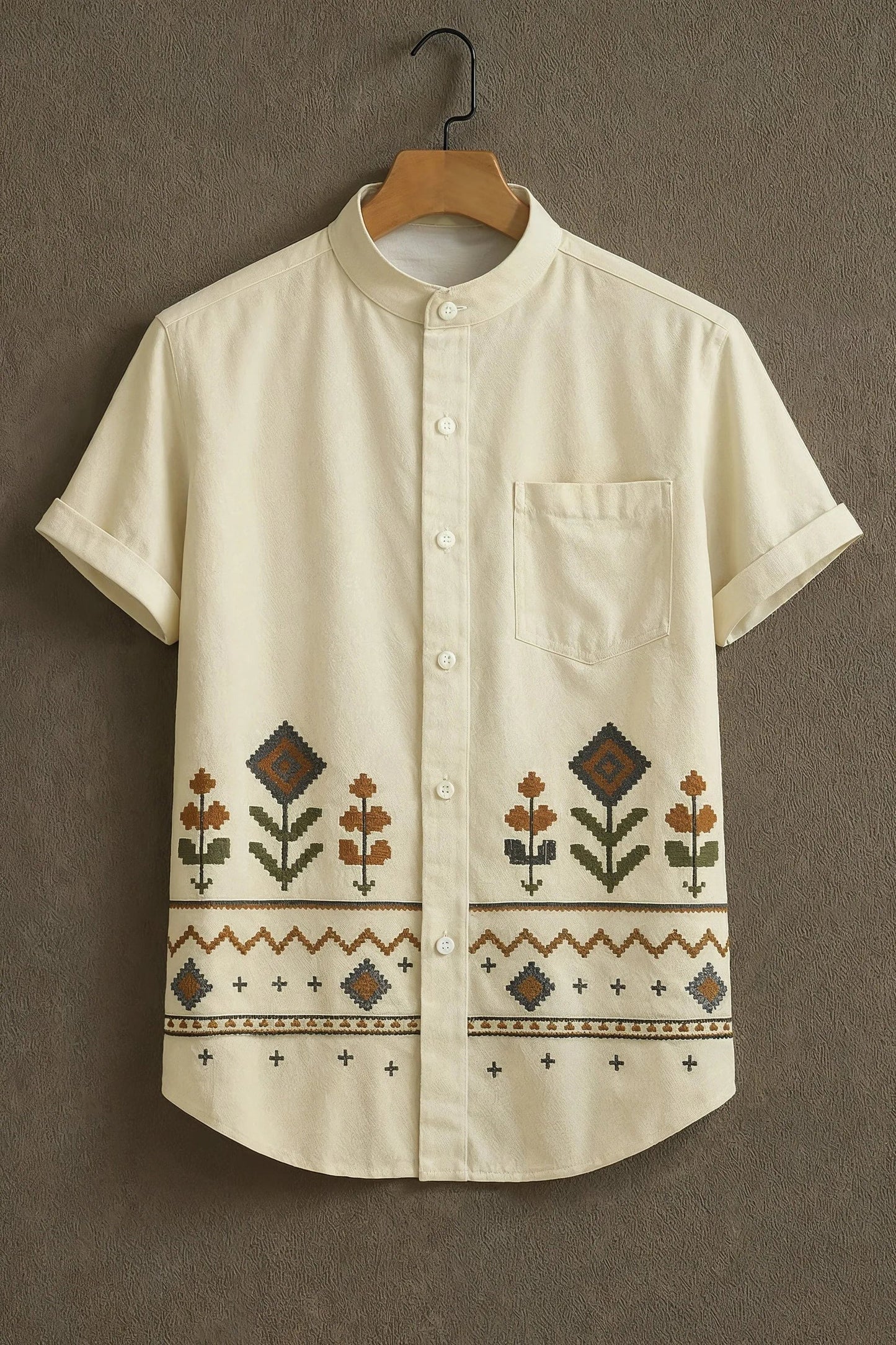 Men's Premium Embroidered Cotton Shirt – Mandarin Collar Short Sleeve Ethnic Casual Wear