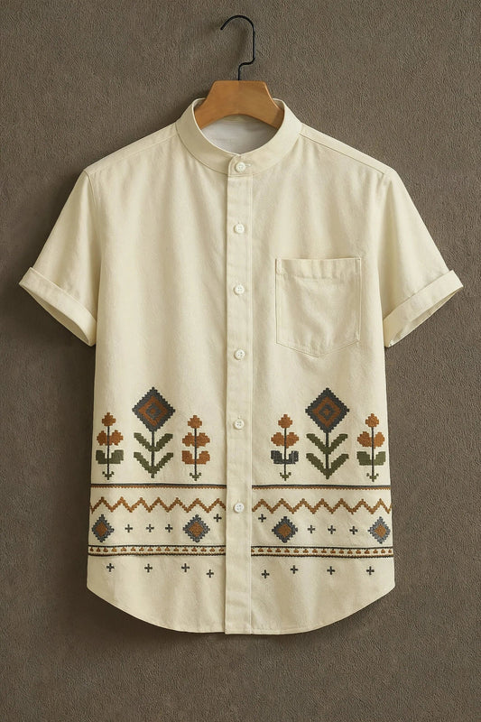 Men's Premium Embroidered Cotton Shirt – Mandarin Collar Short Sleeve Ethnic Casual Wear
