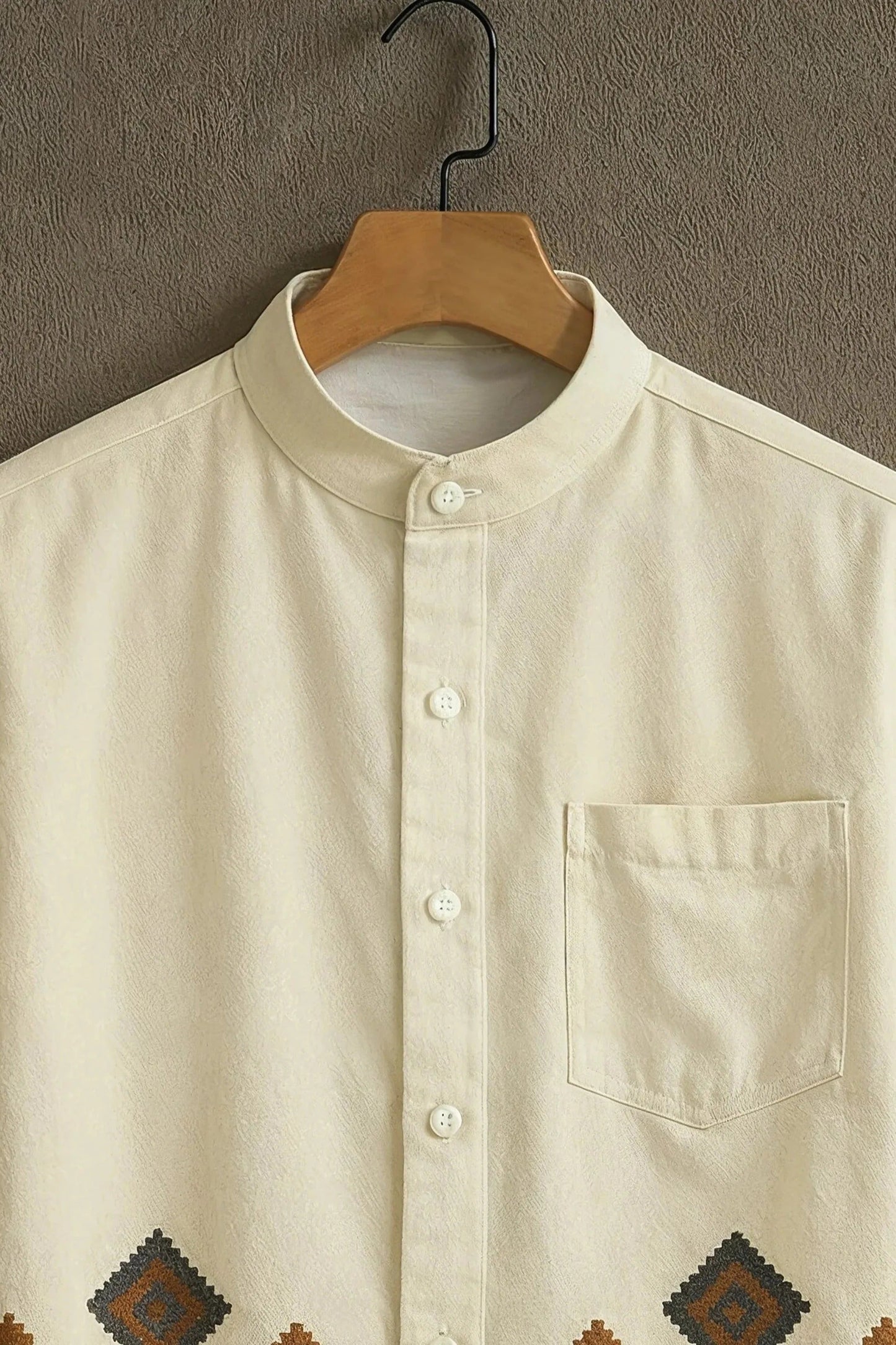Men's Premium Embroidered Cotton Shirt – Mandarin Collar Short Sleeve Ethnic Casual Wear